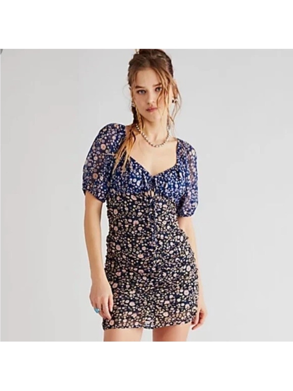 New Free People Tessa Size XS Floral Gathered Mini Dress Blue / Black Chiffon